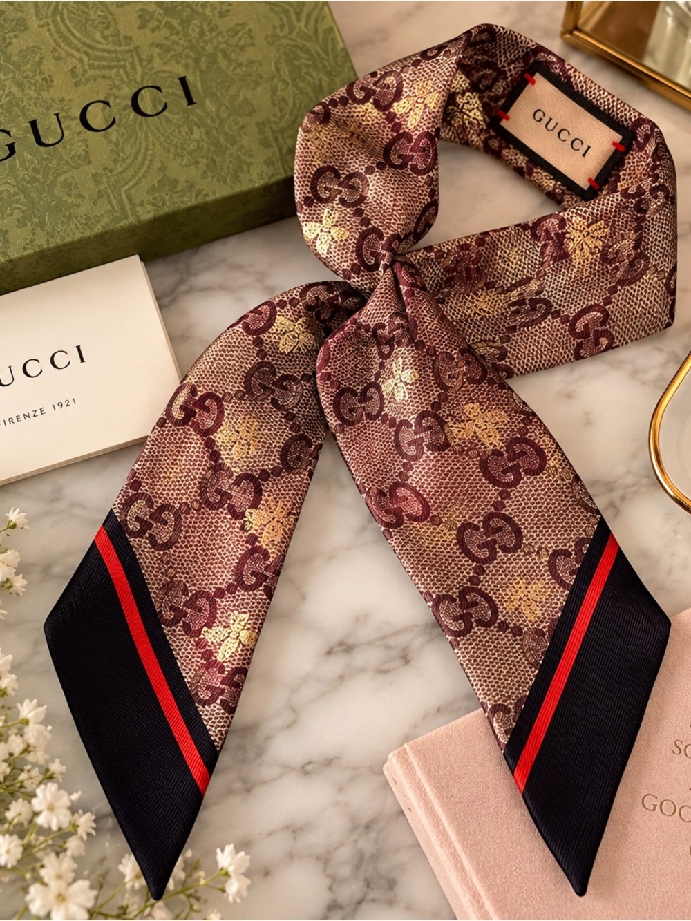Gucci GG Monogram Bee Silk Neck Bow Scarf